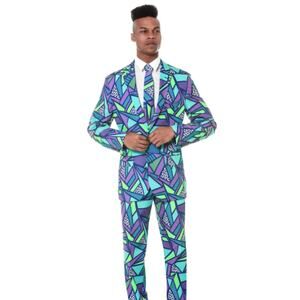 Shinesty The Le Tootski Neon Geometric Rave Suit Jacket 50 Flat Front Pants 38